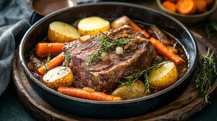 Delicious and Juicy Roast Beef with Vegetables on Wooden Table