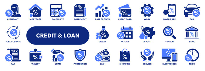 Set of vector solid icons related to loan, bank credit rate, finance and investment. Symbols for website or app ui, logo design, illustration