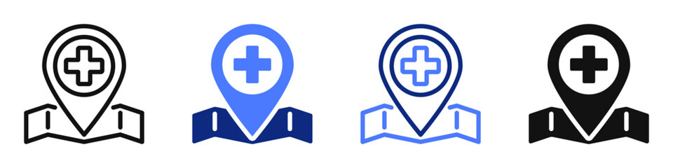 Vector icon or logo of location marker with medical sign related to medicine and healthcare, first aid and pharmacy, ambulance. Symbol for website or app ui, logo design, illustration