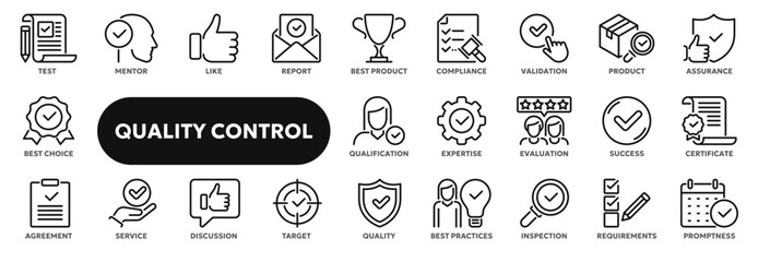 Set of vector line icons related to product quality control, inspection and evaluation, production quality assurance. Symbols for website or app ui, logo design, illustration