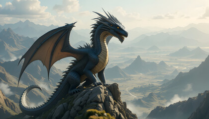 colossal, ancient dragon perches on a mountaintop, with a vast, sprawling fantasy world visible in the background