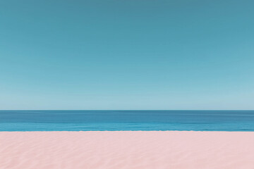 Fototapeta premium Serene Coastal Panorama: Tranquil view of a serene beach with clear blue sky and calm sea water, evokes a sense of peace and relaxation.