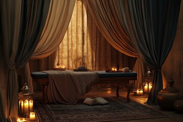 beautifully designed Arabian spa interior with carved wooden screens, soft cushions, and warm lighting, moroccan resort