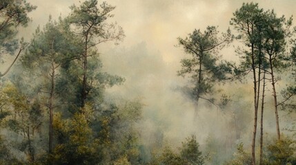 Forest fire smoke, trees, hill, hazy sky, environmental disaster