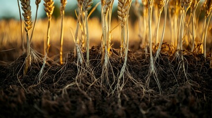 Fototapeta premium Close-Up View of Wheat Stalks and Roots in Healthy Soil Environment