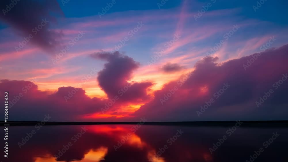 Poster a beautiful sunset over a calm lake. the sky is filled with clouds and the sun is setting