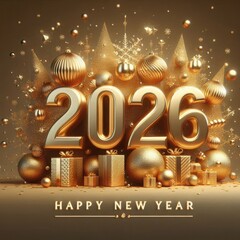 Festive ornaments and shimmering gifts surround the bold 2026, radiating warmth and joy as people prepare to embrace the new year with hope and happiness