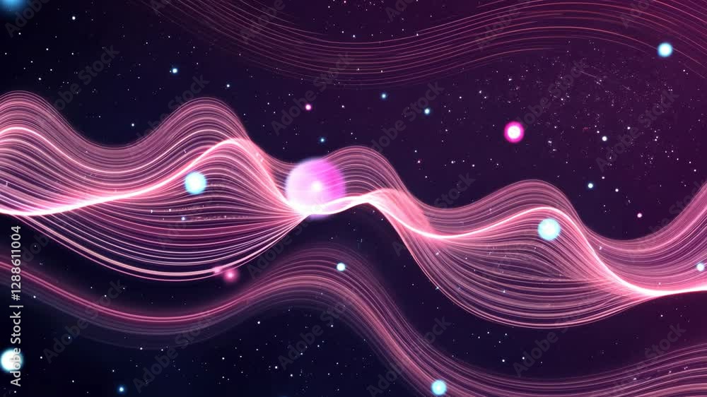 Poster a purple wave with stars and planets in the background. the stars are scattered throughout the backg