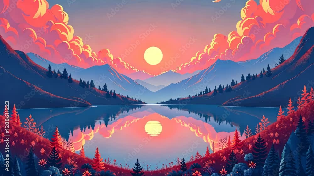 Poster a beautiful landscape with a large mountain range and a lake. the sun is setting and the sky is fill