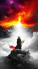 Epic Fantasy Warrior Battling Dragon in Mystical Mountain Landscape with Fiery Skies - High Contrast Adventure Art with Silhouetted Battle Scene and Magical Elements. Abstract Phone Wallpaper 9:16