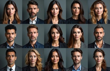 Mosaic of diverse business people portraits. Group of men, women in formal suits. Different ages, ethnicities. Professionals collage of confident face expressions for corporate site, company staff