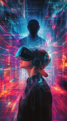 Fototapeta premium Young woman immersed in virtual reality experience