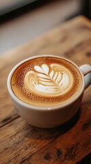 Creamy Coffee with Beautiful Latte Art in White Ceramic Cup