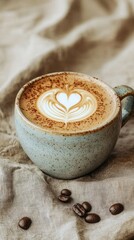 Fototapeta premium Delightful Coffee Cup with Heart Latte Art on Soft Linen Background