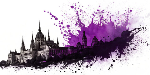 Fototapeta premium Ornate Architectural Illustration of a Grand Building with Deep Purple Watercolor Splashes