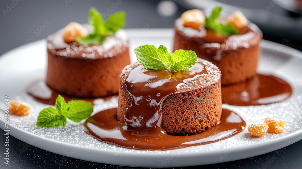 Aufkleber three chocolate lava cakes topped with mint leaves and caramel sauce on white plate, garnished with 