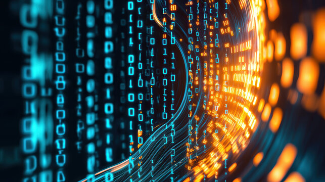 Binary code stream with gradient effect, showcasing vibrant colors and dynamic movement, creating sense of digital flow