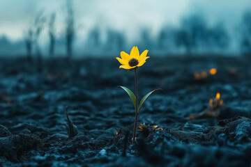A single surviving flower blooming in the middle of a charred field, symbolizing hope amidst destruction