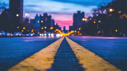 Obraz premium City street twilight, double yellow lines, urban background, traffic blur, travel