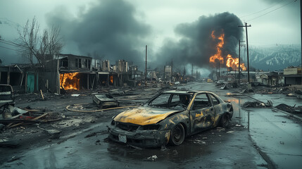 Obraz premium A smoldering street with melted cars and debris scattered around, as smoke rises from blackened structures