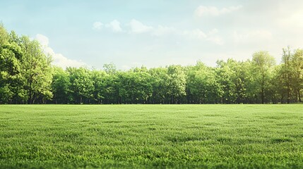 Obraz premium Green Grass Field and Lush Trees Under a Sunny Sky