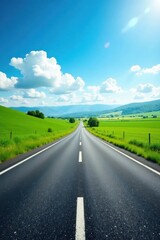 Asphalt Road Through Lush Green Fields Under a Sunny Sky with Puffy Clouds A Scenic Drive Ahead