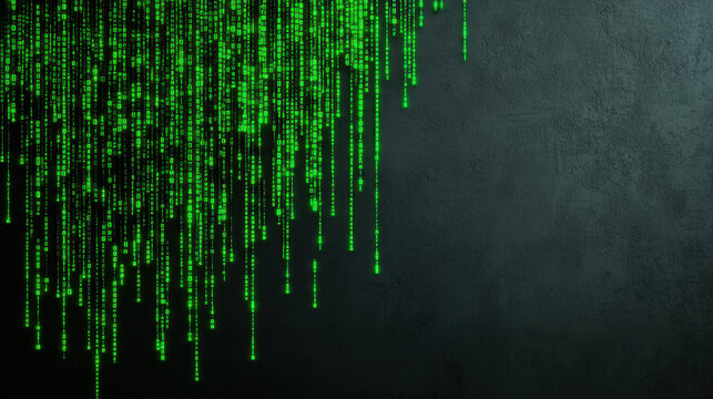 Cascading green binary code on dark textured background creates digital atmosphere