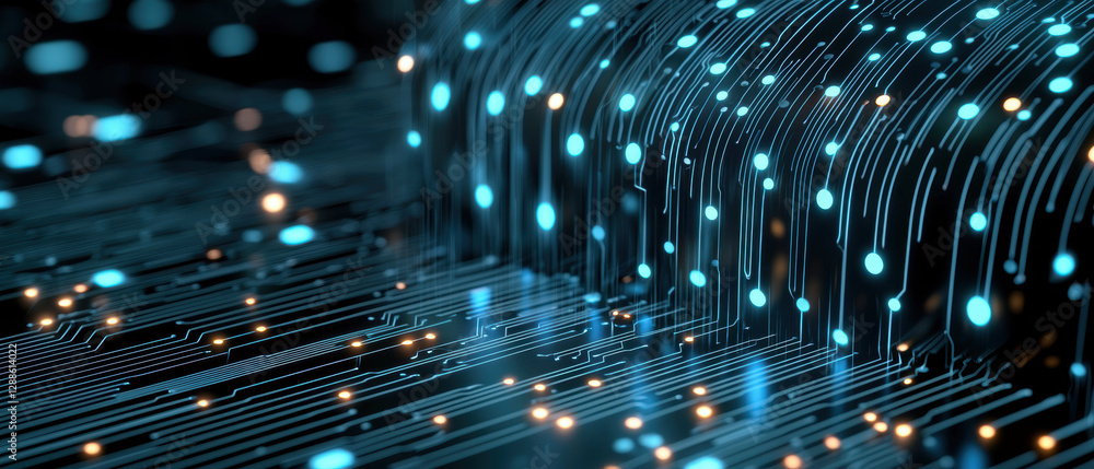 Poster binary code rain cascading over circuit, creating digital landscape