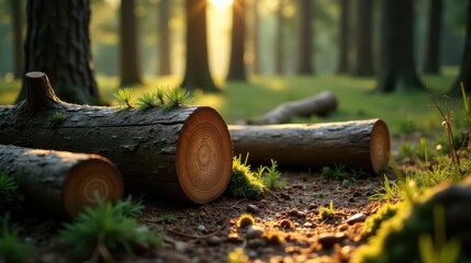 Obraz premium Forest floor tranquility sunlit tree trunks, vibrant green sprouts, and earthy tones create a serene woodland scene.