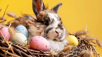 Fluffy bunny is relaxing in a wicker basket full of colorful easter eggs, with a yellow background providing plenty of copy space