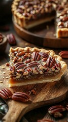 Fototapeta premium Delicious Pecan Pie Slice on Wooden Board with Nuts in Background
