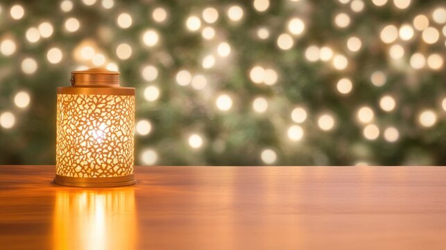 Warm glow from decorative lantern illuminates wooden surface aga