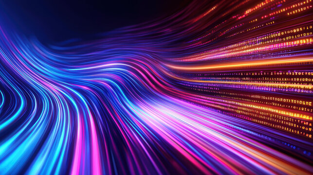 Colorful binary code stream with gradient effect, creating dynamic visual experience