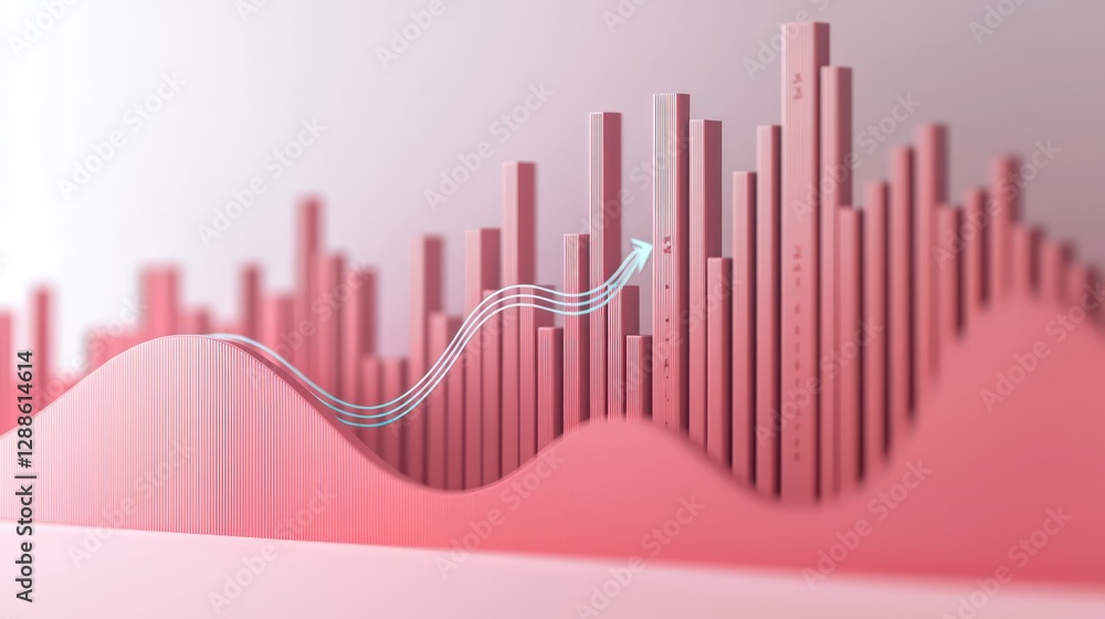 Poster financial growth chart with smooth curve and data bars on soft pink