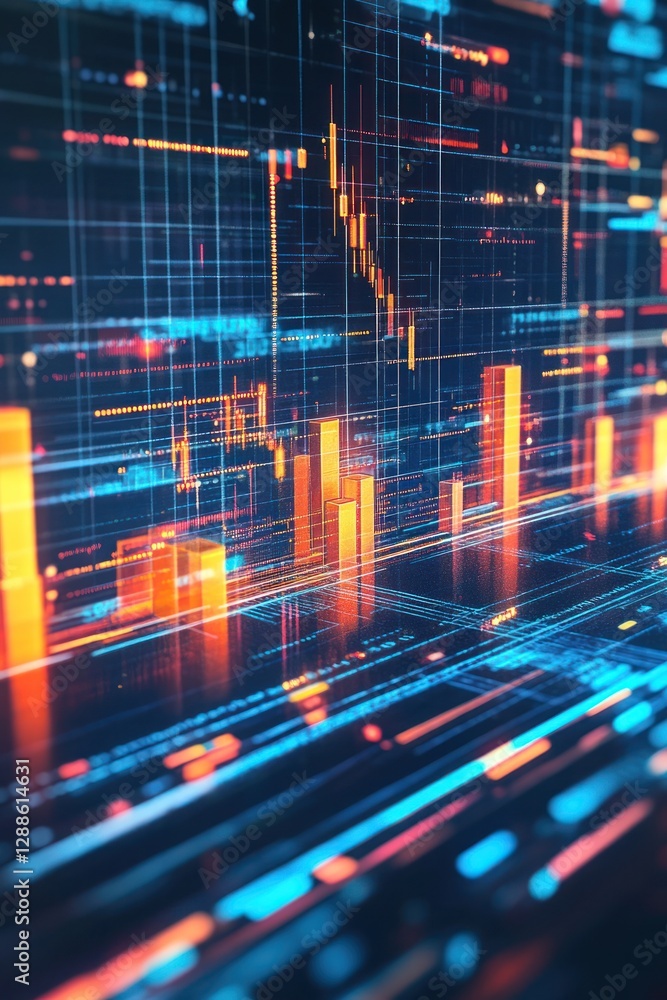 Poster abstract digital data visualization with glowing charts and lines in a futuristic setting