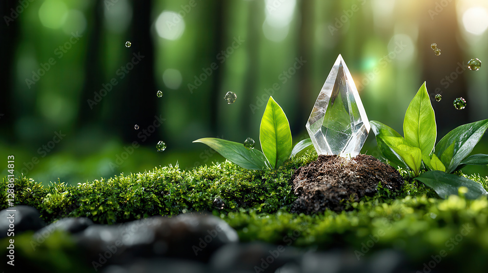 Poster clear crystal stands amidst lush green moss and leaves in serene forest setting, with sunlight filte