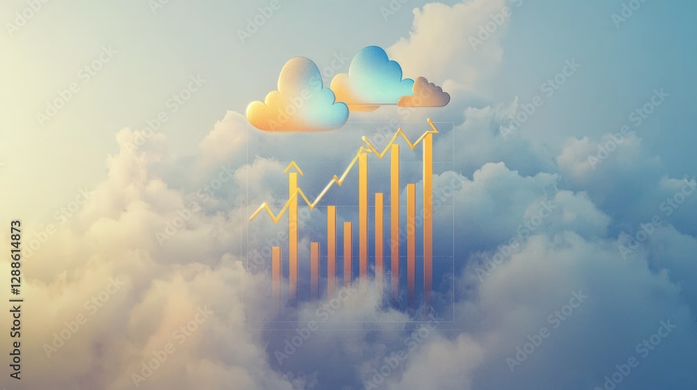Poster floating bar chart surrounded by misty clouds and upward arrows