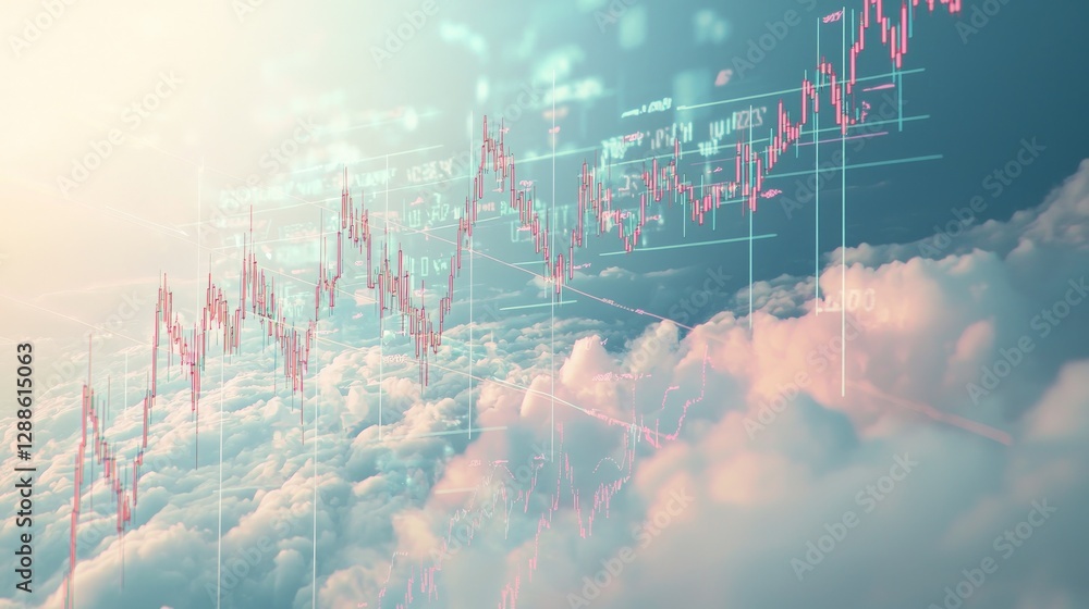 Poster fluctuating stock graph overlaid with transparent clouds and a light sky background