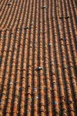 Aged Terracotta Roof Tiles in Parallel Rows, Showing Subtle Variations in Color and Texture, Creating a Visually Appealing Pattern of Repetition and Imperfection