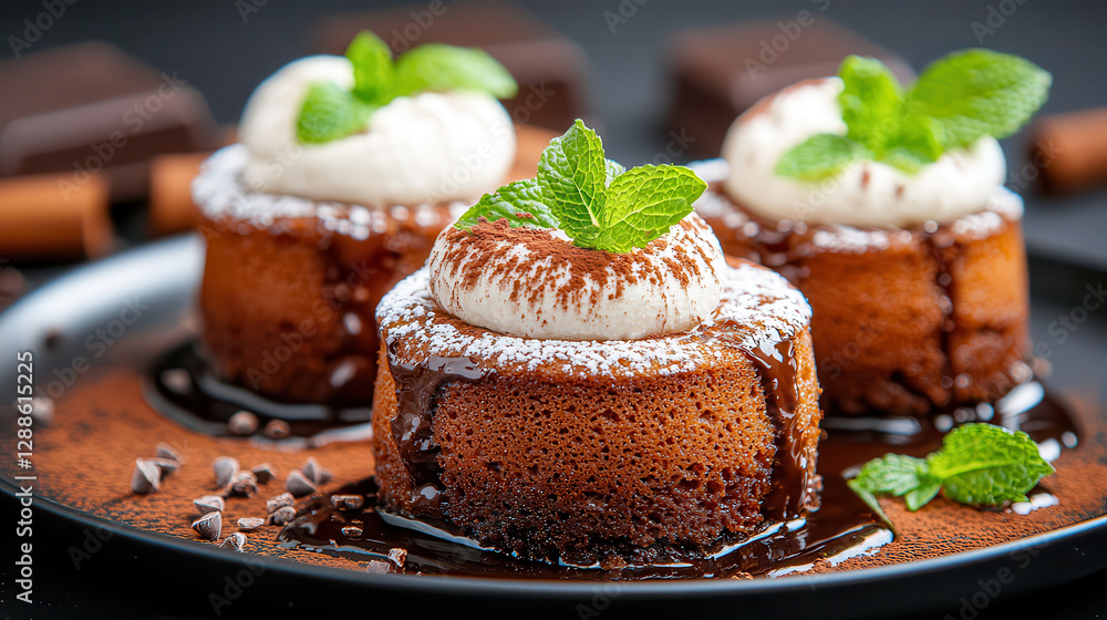 Poster decadent chocolate lava cakes with rich molten centers topped with whipped cream and mint leaves, du
