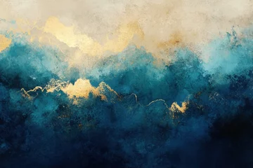 Verduisterende gordijnen Abstract painting of flowing azure and gold. A textured mix of cool tones & shimmering accents in a fluid, modern design. © maxcity