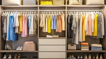 Organized walk-in closet; clothing, shoes, shelves, storage, interior design, home decor, lifestyle, advertising