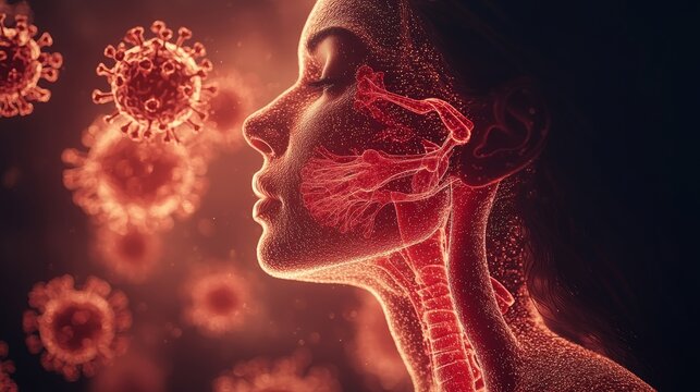 Radiographic Style Side Profile of a Human Head with Glowing Viral Infection Fractal Pattern