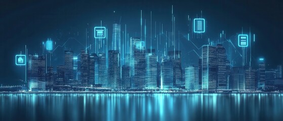 Fototapeta premium Futuristic city skyline with digital elements.