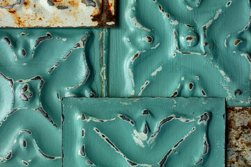Vintage tin ceiling tiles with a teal-green and white, chipped paint finish