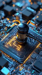 A gavel rests on a glowing circuit board, symbolizing the fusion of technology and law in modern legal frameworks