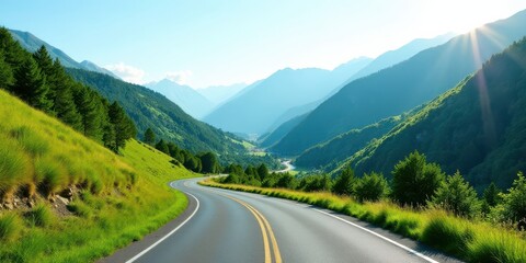 Scenic Mountain Road Winding Through Lush Green Valley Under a Bright Sunny Sky