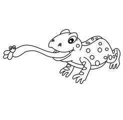 Cute cartoon hand drawn vector frog catch fly coloring page.