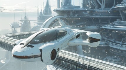 Futuristic Air Transport Vehicle Flying Near Advanced Urban Architecture in a Sci-Fi Cityscape