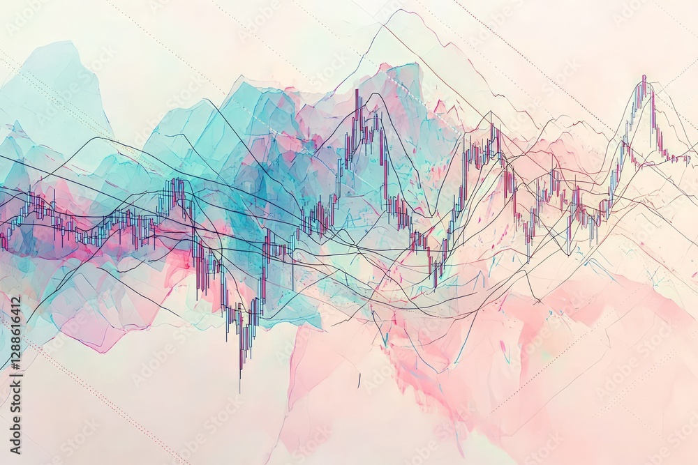 Fototapete stock chart with complex line movement and abstract shapes on pastel
